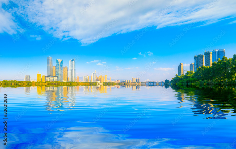 The city scene of CBD on the North Bank of Min River, Fuzhou City, Fujian Province, China The city scene of CBD on the North Bank of Min River, Fuzhou City, Fujian Province, China