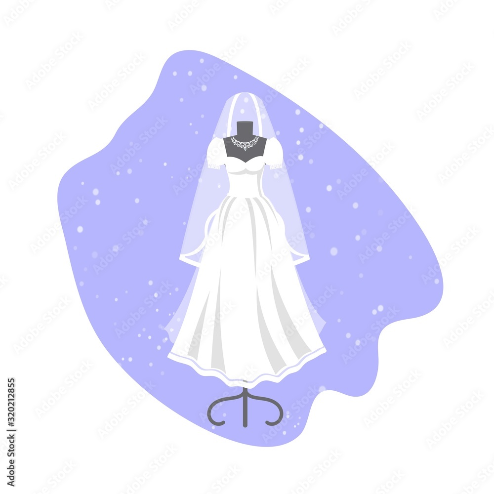 Wedding dress on mannequin vector illustration. Fashion bride and bridesmaid wedding wear. White dress, accessories set, veil, swirls and chandelier. Bridal shower composition banner. Wedding dress on mannequin vector illustration. Fashion bride and bridesmaid wedding wear. White dress, accessories set, veil, swirls and chandelier. Bridal shower composition banner.