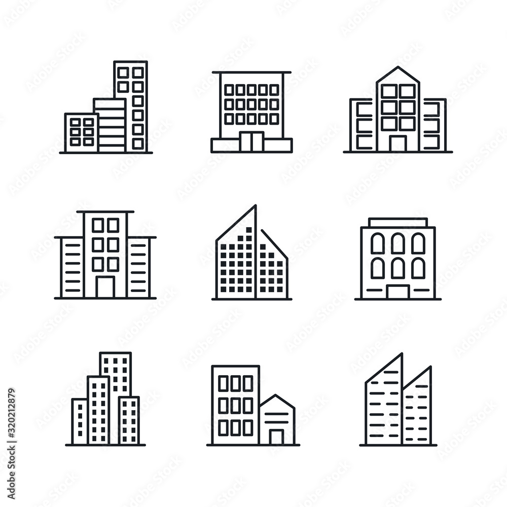 Buildings icon template color editable. Bank, Hotel, Courthouse. City, Real estate, Architecture buildings icons.. Buildings symbol vector sign isolated on white background illustration