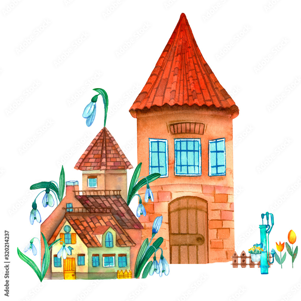 Fantastic watercolor fairytale house illustration