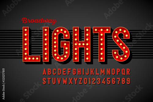 Broadway lights retro style font with light bulbs, vintage alphabet letters and numbers