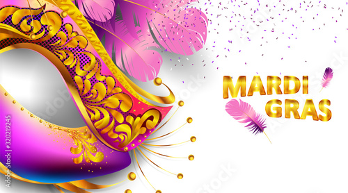 Mardi gras carnival mask poster background with bokeh effect for celebration greeting card, banner, flyer. - Vector