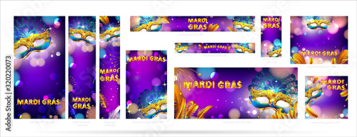 Mardi gras carnival mask web banner ad poster background with bokeh effect for celebration greeting card, banner, flyer. - Vector