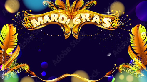 Mardi gras carnival mask poster background with bokeh effect. Luxury and glowing banner. - Vector
