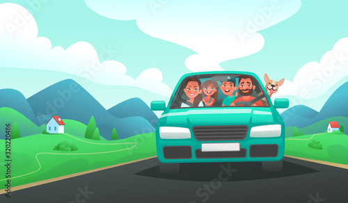 Family trip by car. Dad, mom, son and daughter ride a vehicle on vacation against the backdrop of a mountain landscape