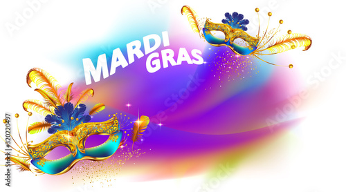 Mardi gras carnival mask poster background with colorful smoke brush effect. Use for greeting card, web, flyer, banner. - Vector