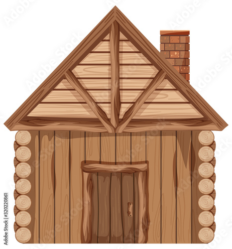 Wooden cottage with chimney on white background