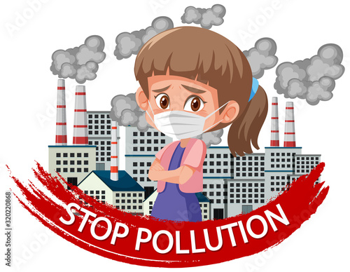 Poster design for stop pollution with girl wearing mask