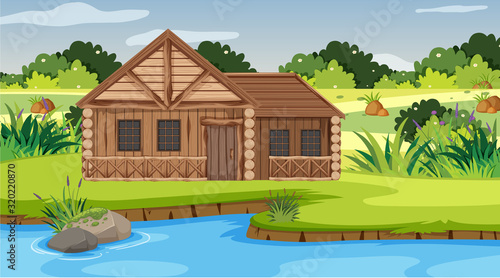 Scene with wooden house in the field