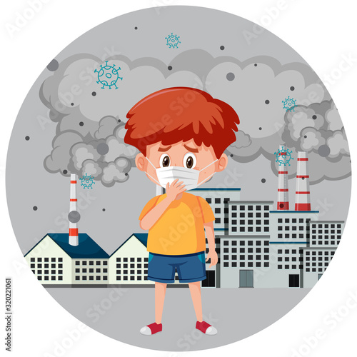 Poster design for stop pollution with boy wearing mask