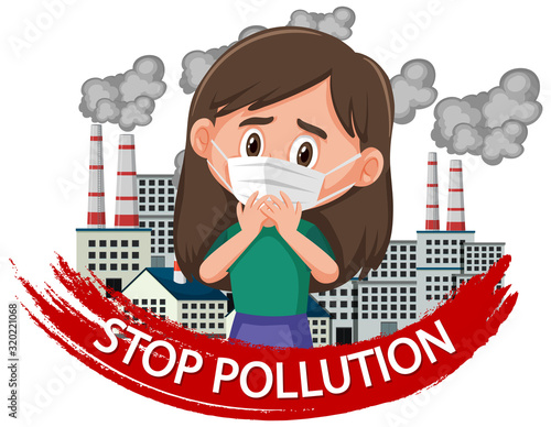 Poster design for stop pollution with girl wearing mask