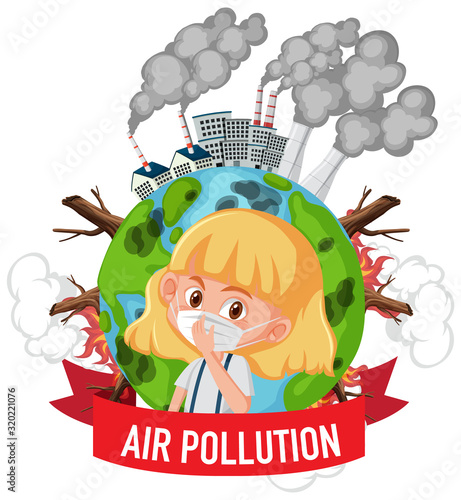 Poster design for stop pollution with girl wearing mask