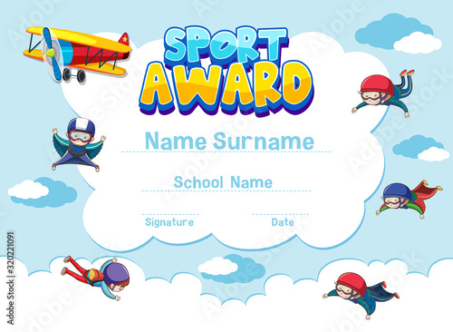 Certificate template for sport award with people skydiving in background