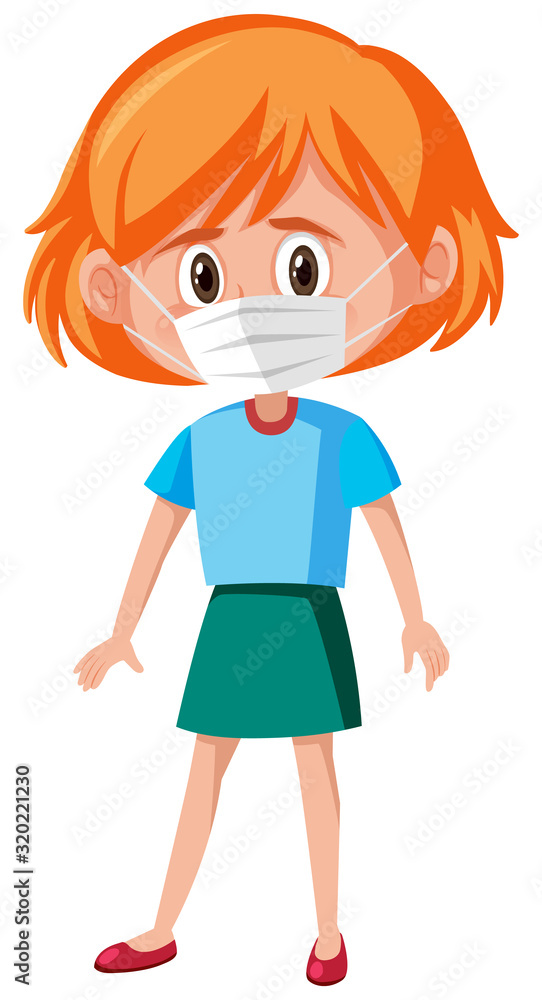 Sick girl wearing mask on white background