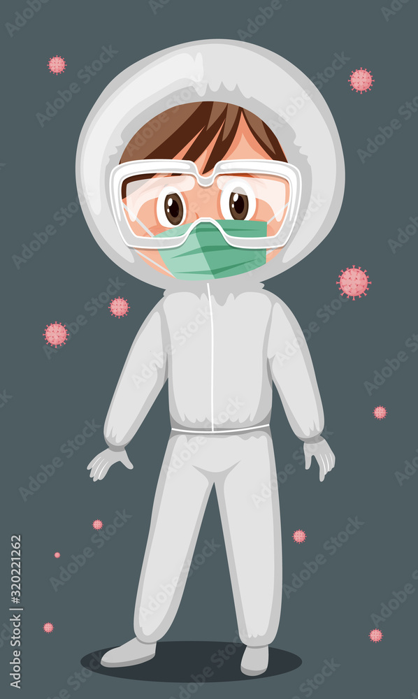 Doctor wearing mask and goggles with virus in the air Doctor wearing mask and goggles with virus in the air