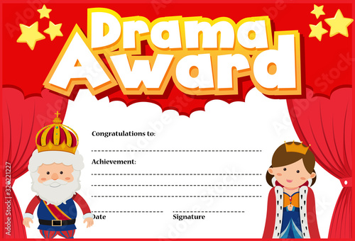 Certificate template for drama award with king and queen in background