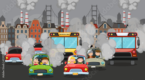 Scene with cars and factory buildings making dirty smoke in the city