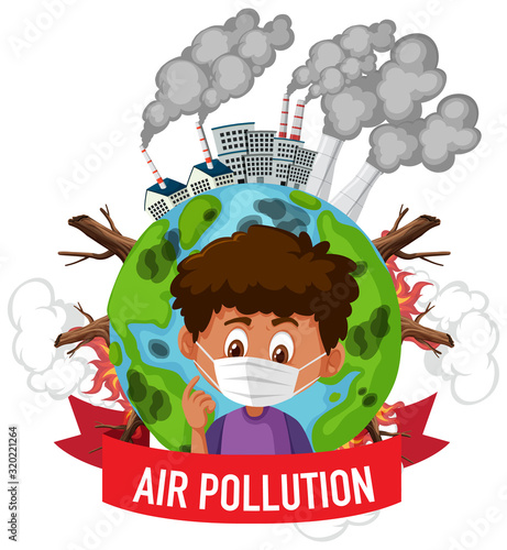 Poster design for stop pollution with boy wearing mask