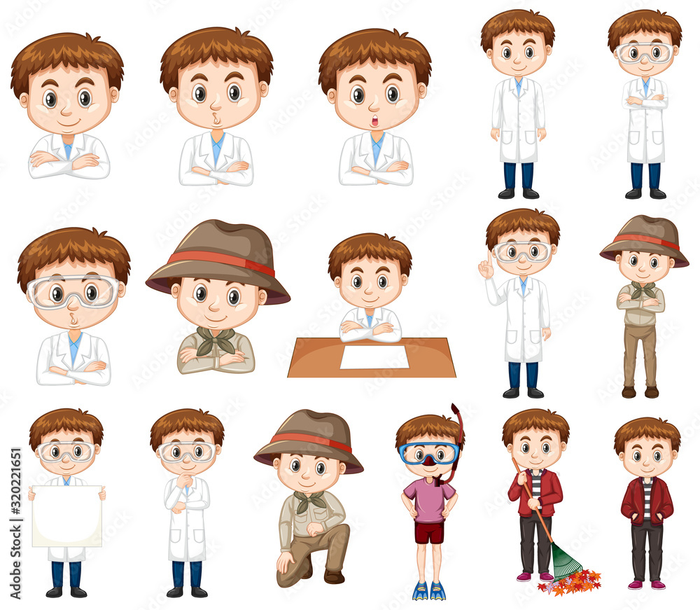 Set of boy in different costumes doing many activities Set of boy in different costumes doing many activities