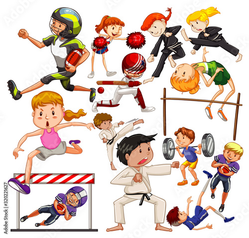 Set of many people doing different sports