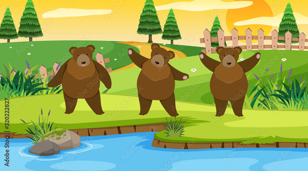 Obraz premium Scene with three bears in the park