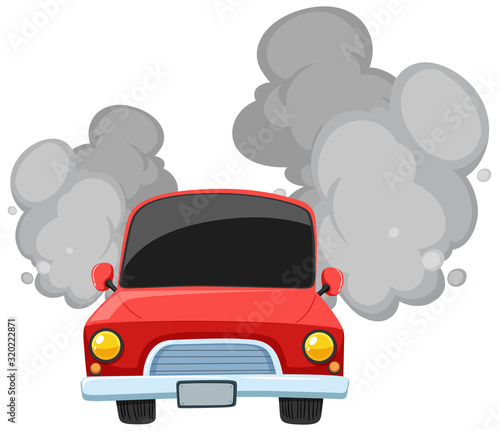 Red car making dirty smoke on white background