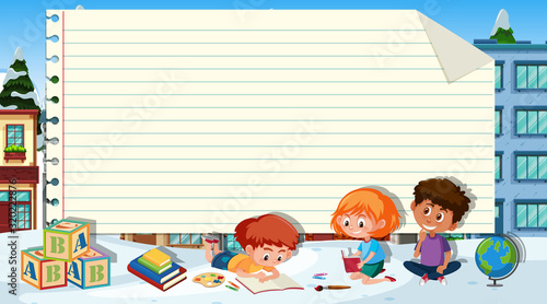 Paper template wtih three kids reading books in background