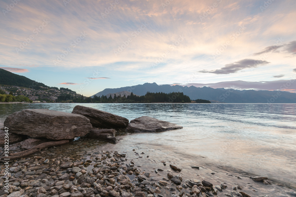 Wakatipu water lake in Queentown, New Zealand natural landscape background