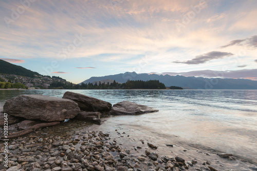 Wakatipu water lake in Queentown, New Zealand natural landscape background