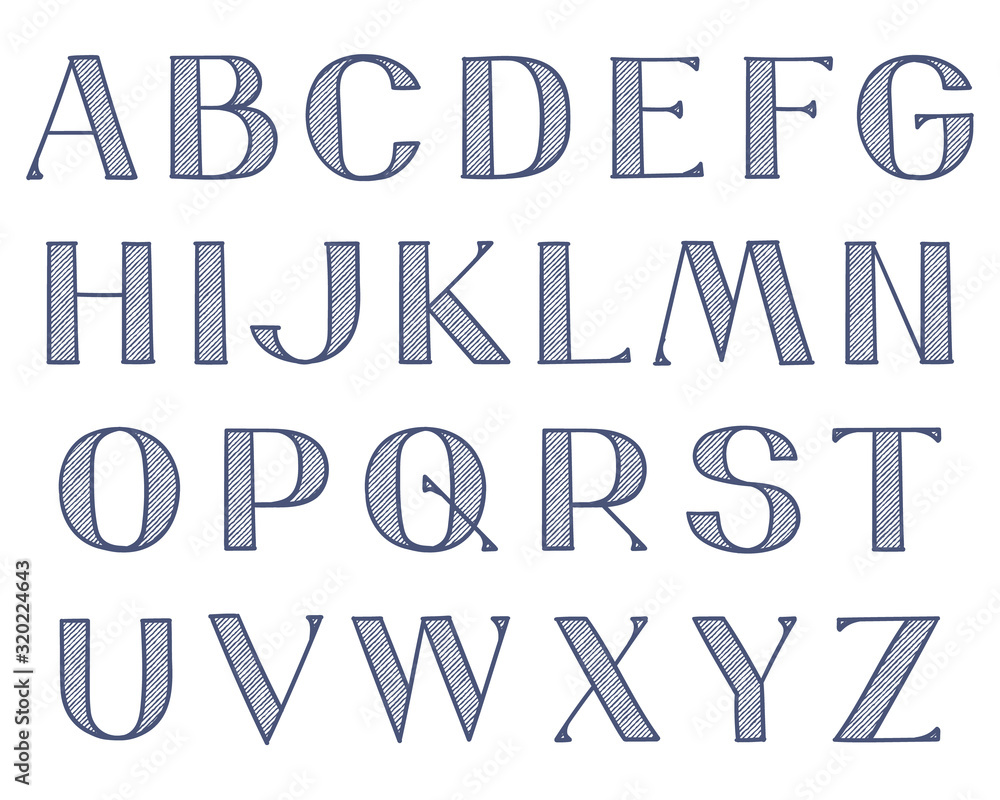 Wide decorative hand-drawn type. Capital Latin letters with hatching texture and outlines, single color.