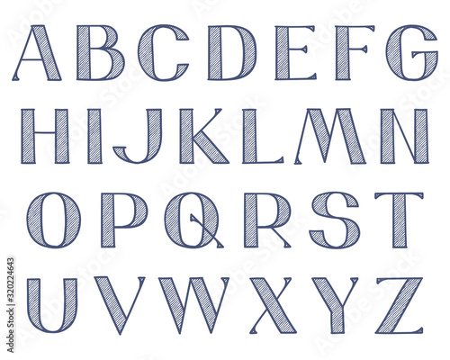 Wide decorative hand-drawn type. Capital Latin letters with hatching texture and outlines, single color.