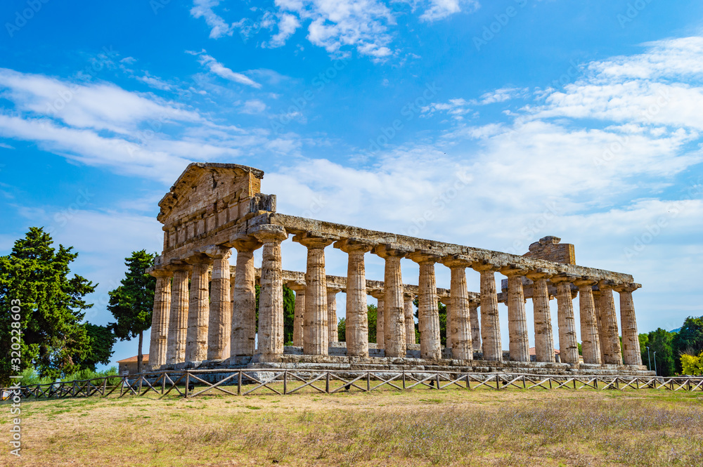Athena (Minerva) Temple in Paestum, Campania, Italy; at a bright summer morning. In ancient times, Paestum is called Poseidonia. 