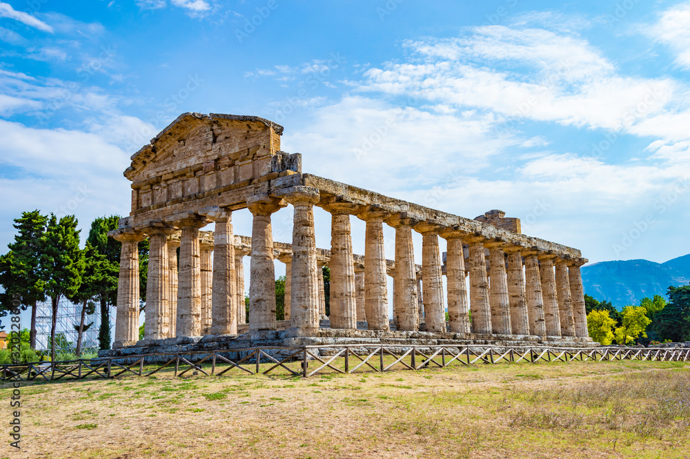 Athena (Minerva) Temple in Paestum, Campania, Italy; at a bright summer morning. In ancient times, Paestum is called Poseidonia. 