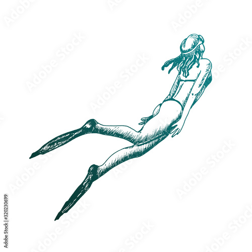 Woman Diving Wearing Snorkel Mask Isolated on White Background Vector Sketched Illustration