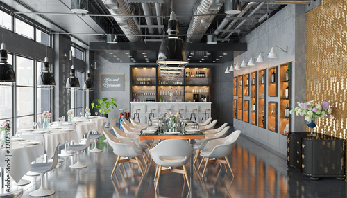 3d Illustation - Restaurant mit Bar, Tischen, Stühlen und großen Fenstern photo