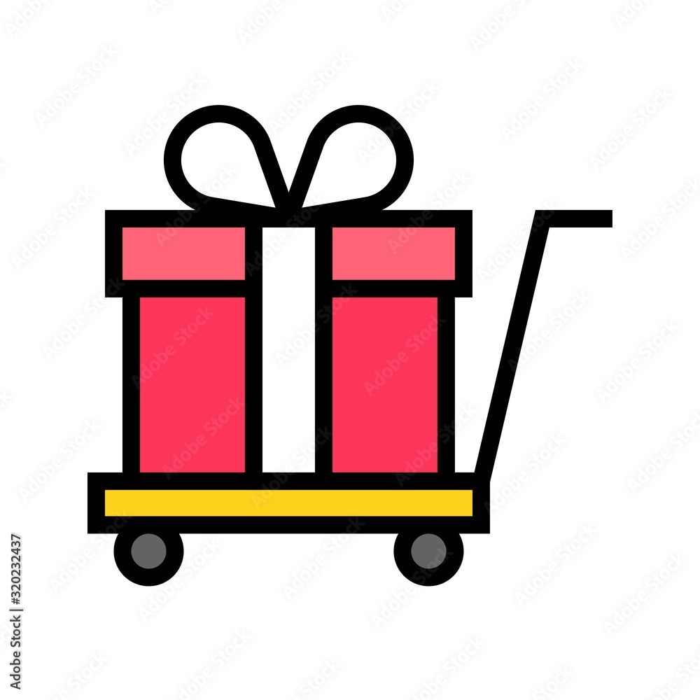 Gift box on a cart vector illustration, filled style icon Gift box on a cart vector illustration, filled style icon