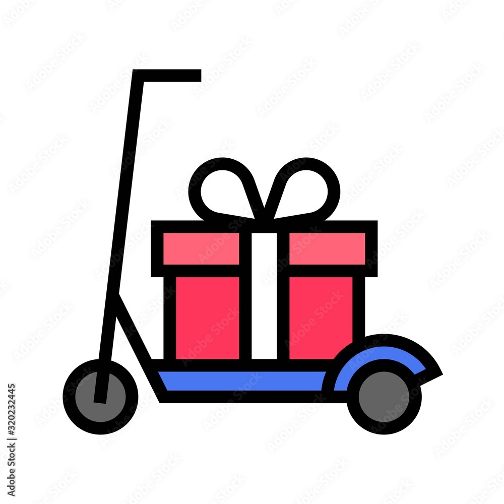 Gift box on scooter vector illustration, filled style icon Gift box on scooter vector illustration, filled style icon