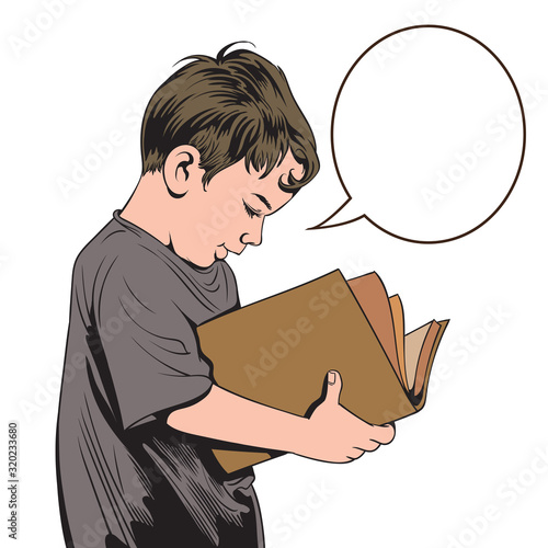 A boy reading a book. Pop art  retro vector illustration comic on a white background