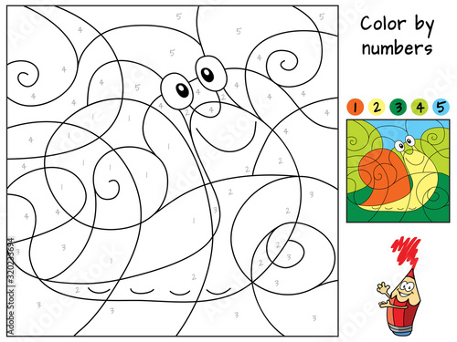 Funny little snail. Color by numbers. Coloring book. Educational puzzle game for children. Cartoon vector illustration Snail. Color by numbers. Coloring book