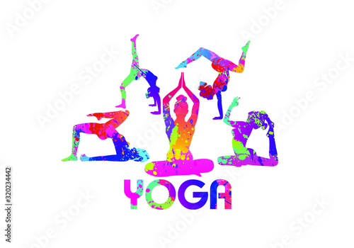 Colorful text background. Yoga logo design. Ballerina in dance. Girl gymnast in gymnastic. Silhouettes, Exercises, Fitness, Healthcare, Medical, Icon, Symbol. Vector illustration.