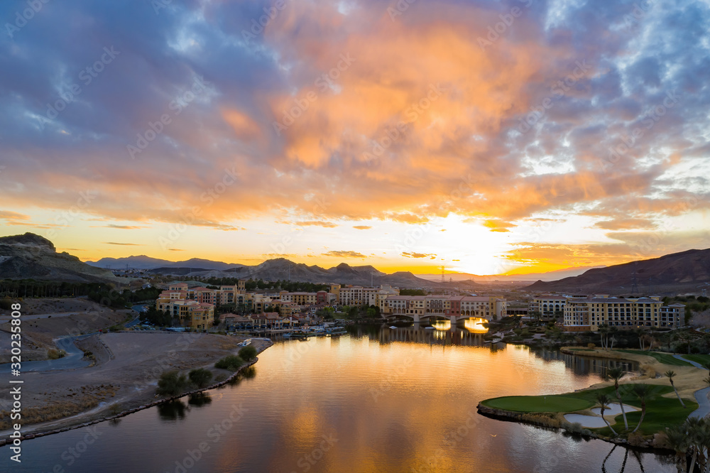 Sunset aerial view of the beautiful Lake Las Vegas area