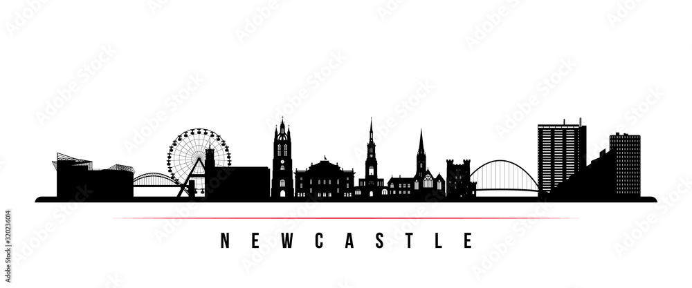 Newcastle skyline horizontal banner. Black and white silhouette of Newcastle, United Kingdom. Vector template for your design.