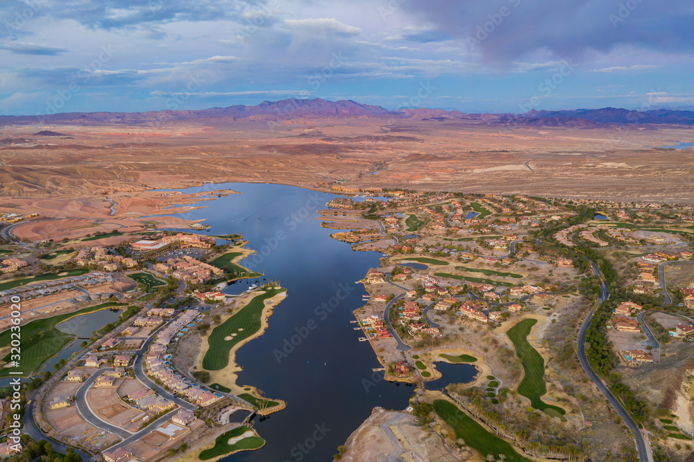 Sunset aerial view of the beautiful Lake Las Vegas area