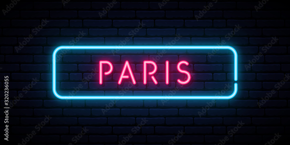 Paris neon sign. Bright light signboard. Vector banner.