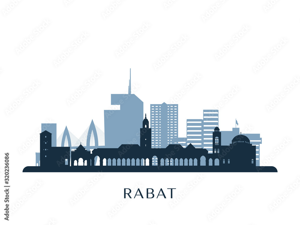 Rabat skyline, monochrome silhouette. Vector illustration.