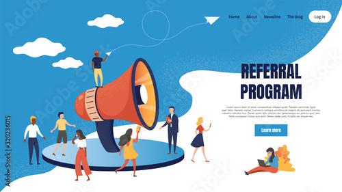 Referral marketing landing page. Loudspeaker business announcements of referral customer loyalty program. Vector web page partnership base friendly customers concept photo
