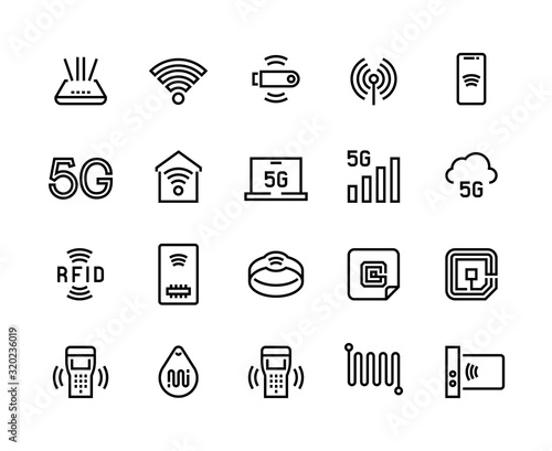 WiFi line icons. 5G Wireless technology and radio-frequency identification tags, WiFi router and electric circuit symbols. Vector set thin icon phone networks signals on white