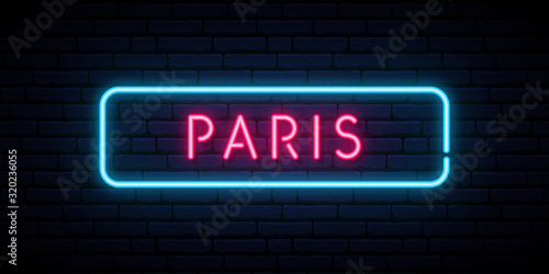 Paris neon sign. Bright light signboard. Vector banner.