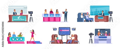 Television show. Cartoon entertainment TV with news, talent singer with jury, music, cooking, evening show and quiz. Vector set flat images scene with participate entertainment people