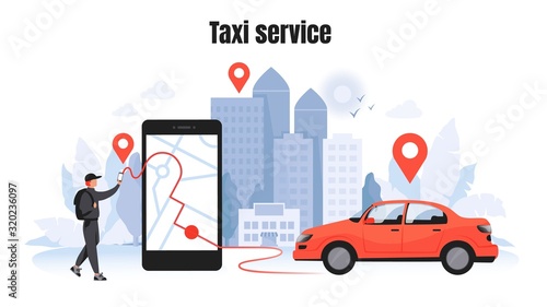Taxi ordering. Car rent and sharing concept with cartoon character, mobile application mockup. Vector delivery service vehicle illustrations template for using in navigational technology